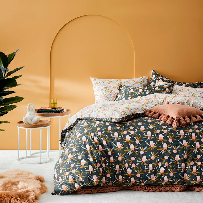 Printed White Banksia Flannelette Quilt Cover Set + Pillowcases