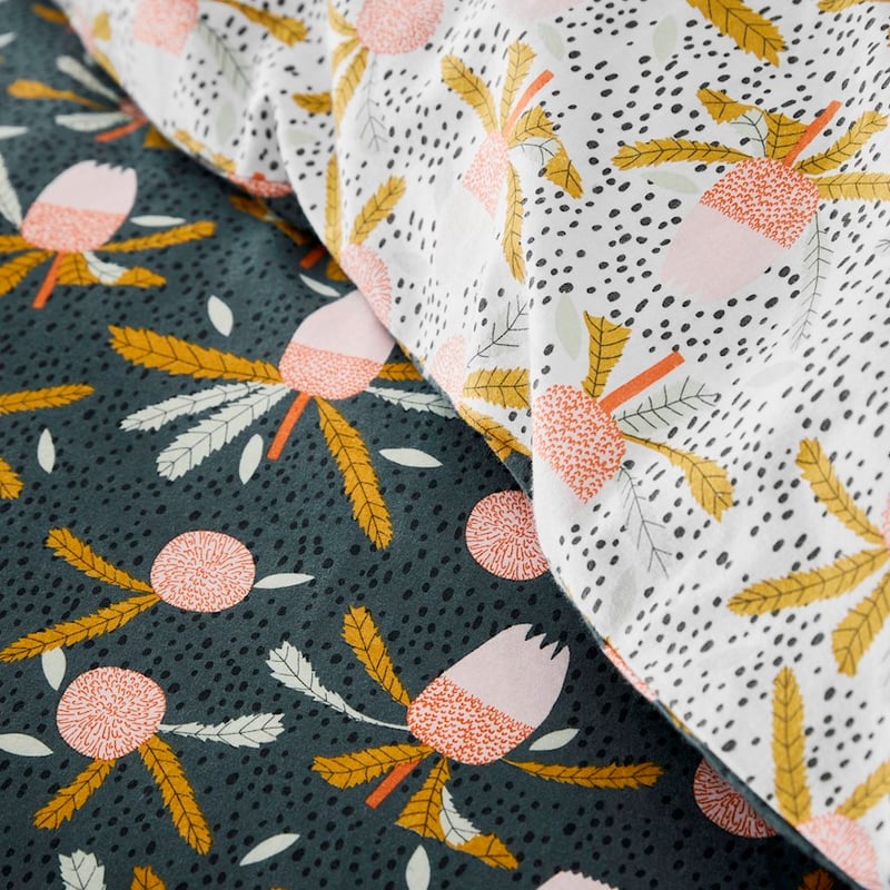 Printed White Banksia Flannelette Quilt Cover Set + Pillowcases