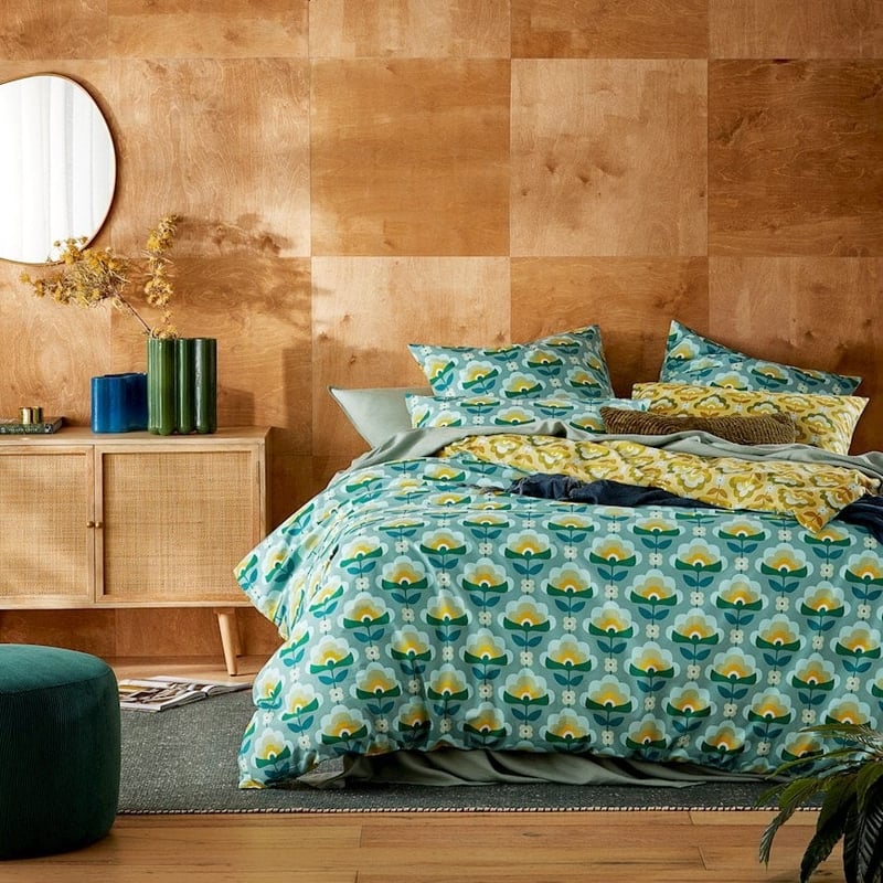 Retro Stems Peacock Quilt Cover Set + Pillowcases