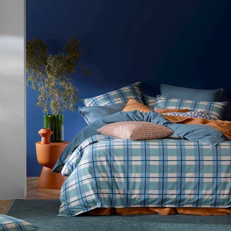 Stonewashed Cotton Printed Ocean Check Quilt Cover + Pillowcases