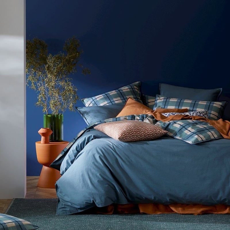 Stonewashed Cotton Printed Ocean Check Quilt Cover + Pillowcases