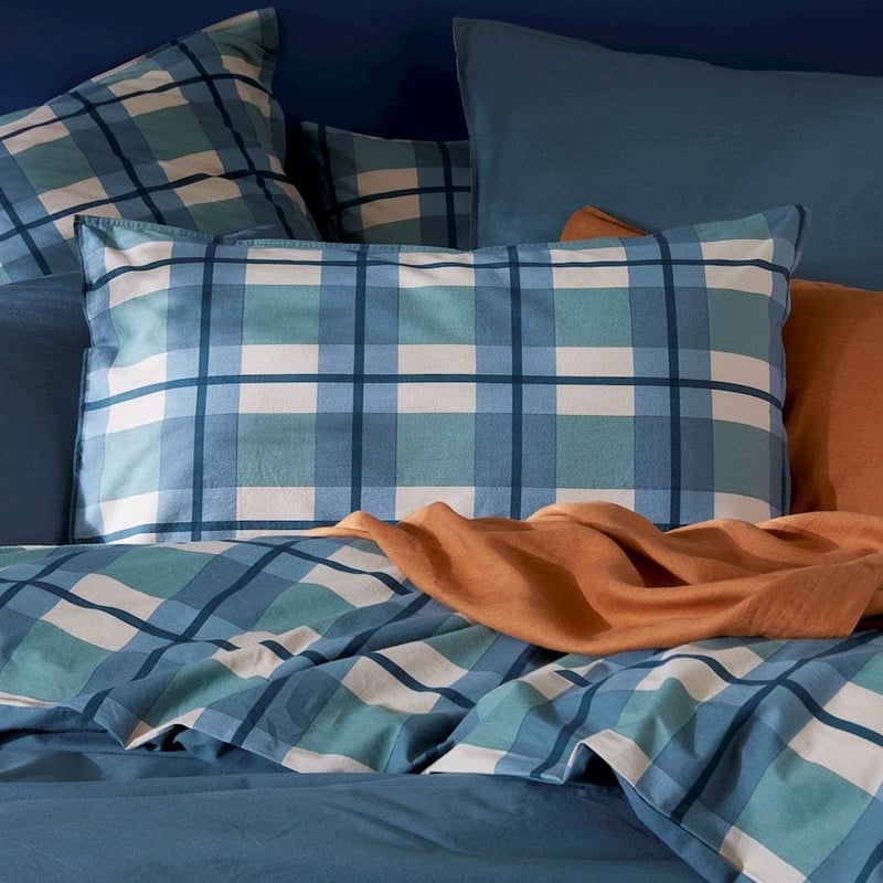 Stonewashed Cotton Printed Ocean Check Quilt Cover + Pillowcases