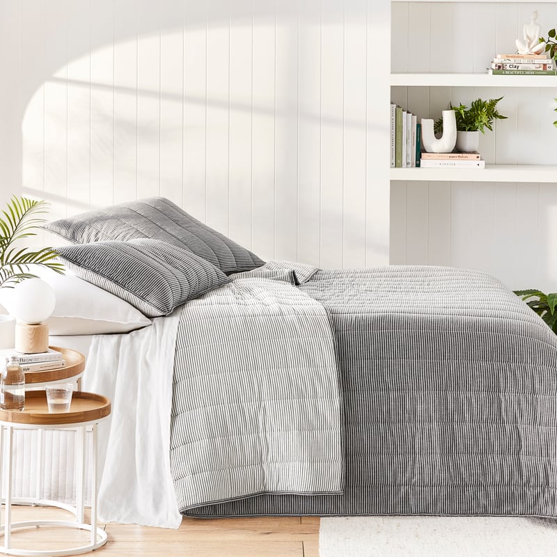 Cove Off White & Onyx Stripe Quilted Coverlet + Pillowcases
