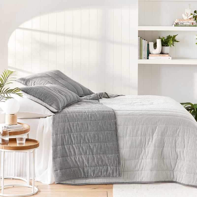 Cove Off White & Onyx Stripe Quilted Coverlet + Pillowcases
