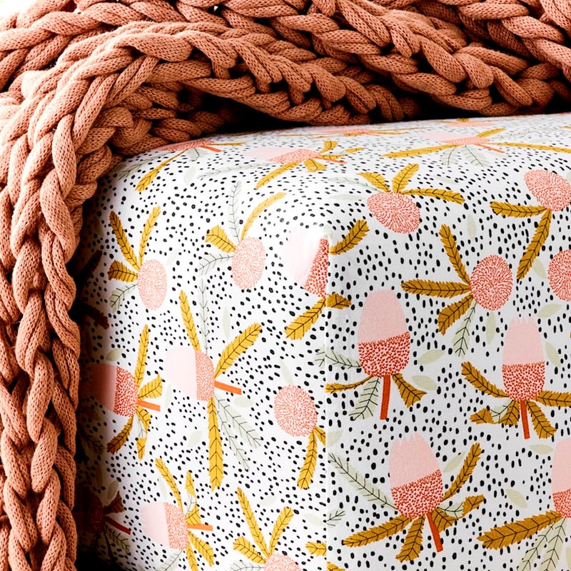 Printed White Banksia Flannelette Sheet Set + Pillowcases