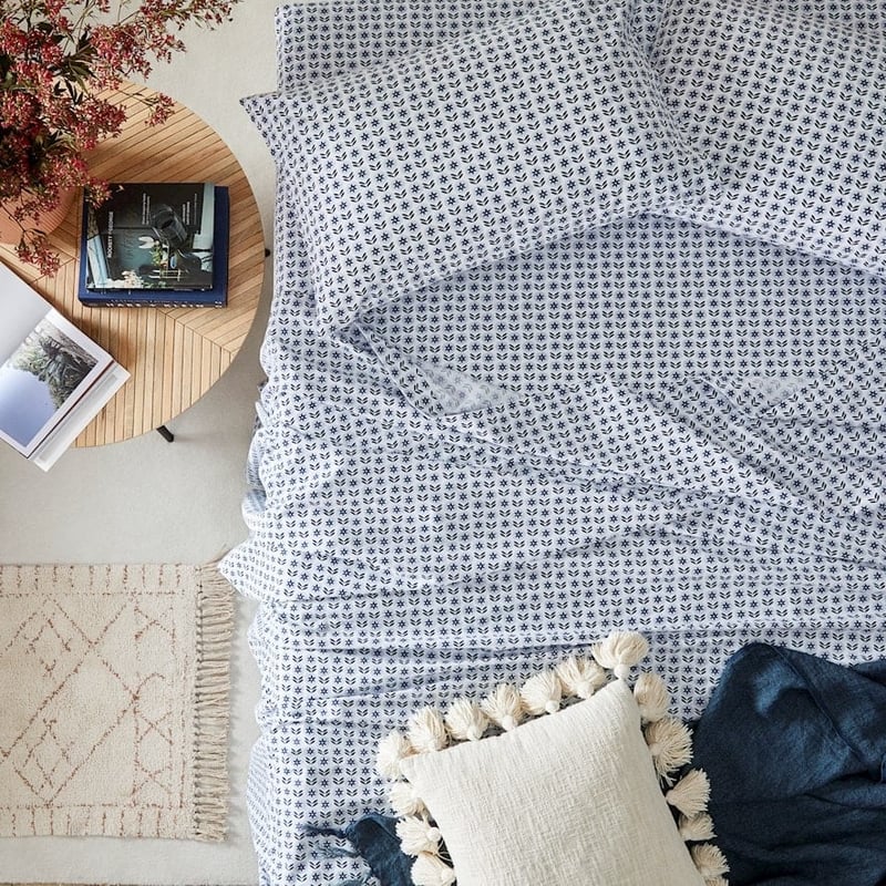 Stonewashed Cotton Sea Blue Floral Sheet Set