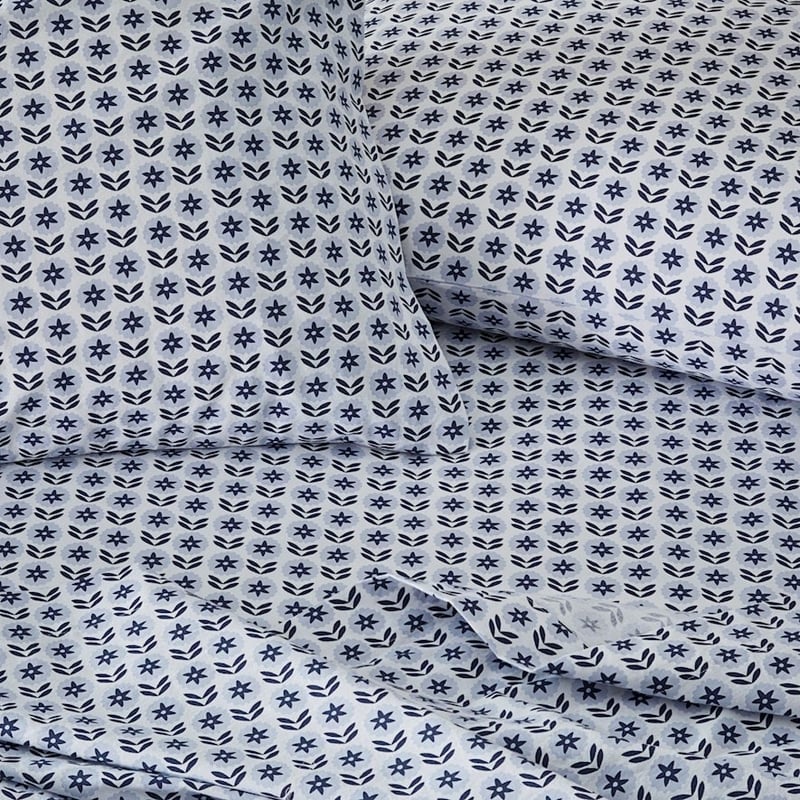 Stonewashed Cotton Sea Blue Floral Sheet Set