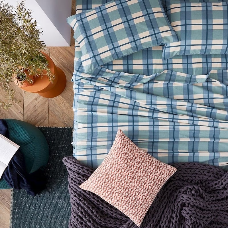Stonewashed Printed Cotton Ocean Check Sheet Separates + Pillowcases