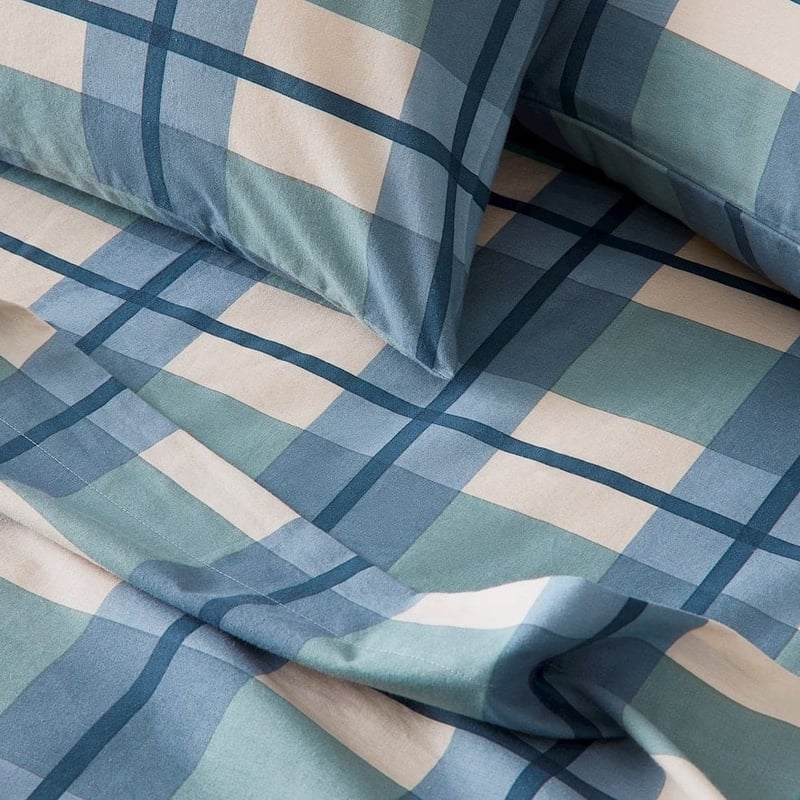 Stonewashed Printed Cotton Ocean Check Sheet Separates + Pillowcases