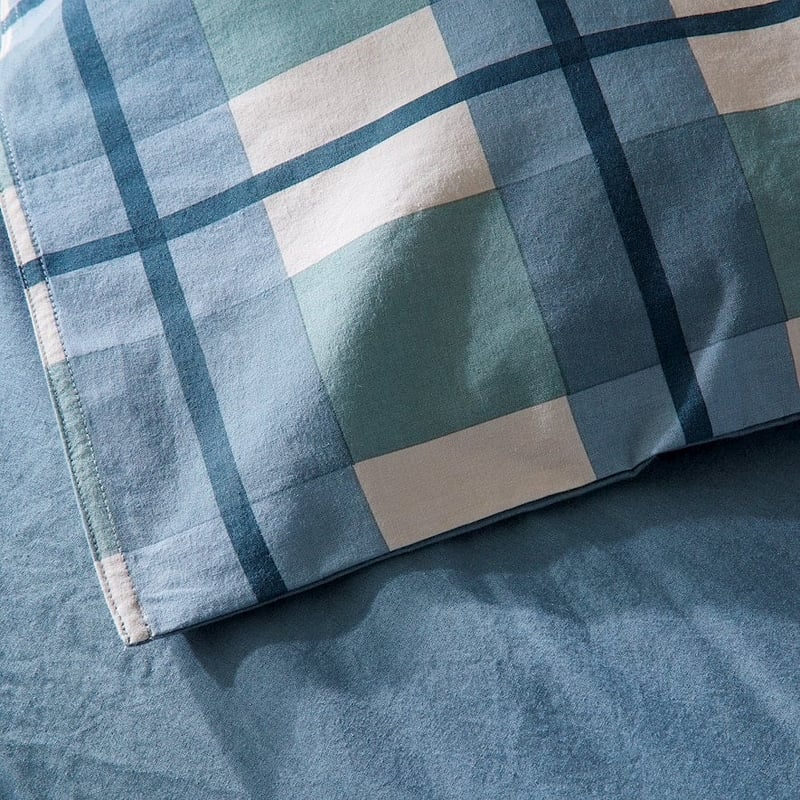 Stonewashed Printed Cotton Ocean Check Sheet Separates + Pillowcases