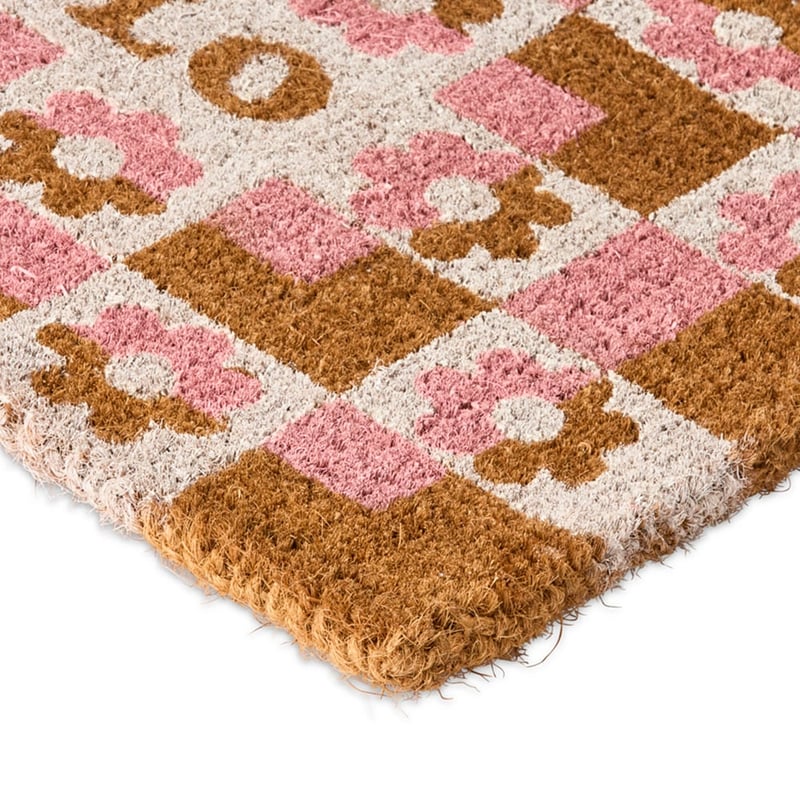Coir Hello Retro Floral White & Pink Doormat