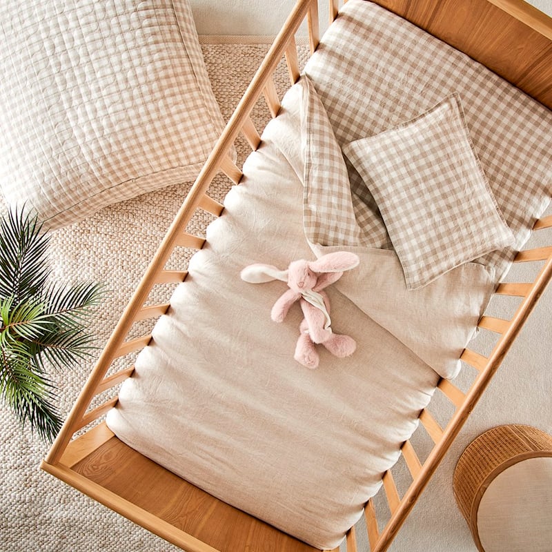 Vintage Washed Linen Check Cot Quilt Cover Set