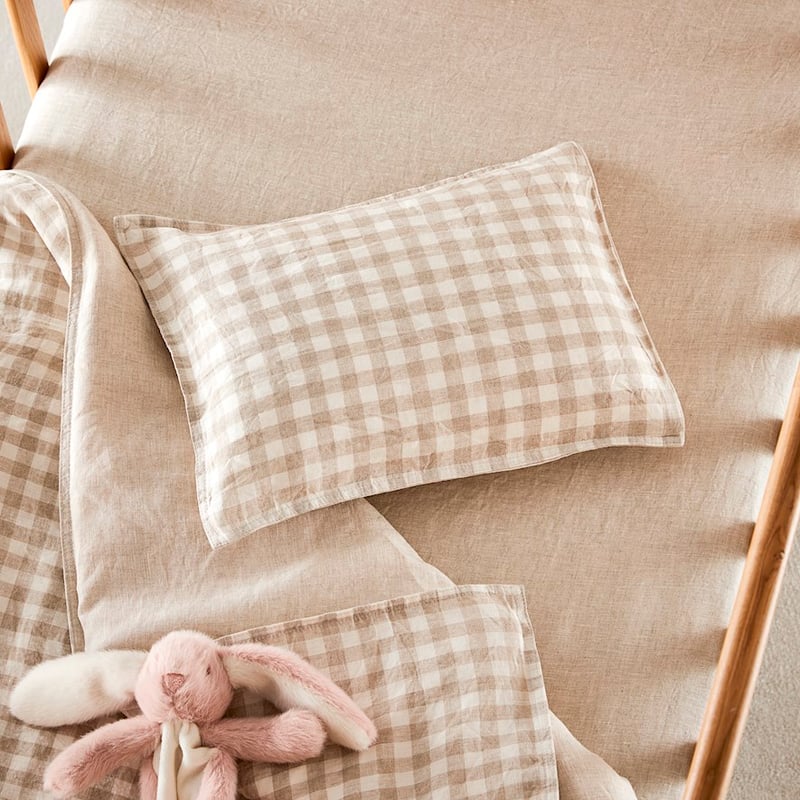 Vintage Washed Linen Check Cot Quilt Cover Set