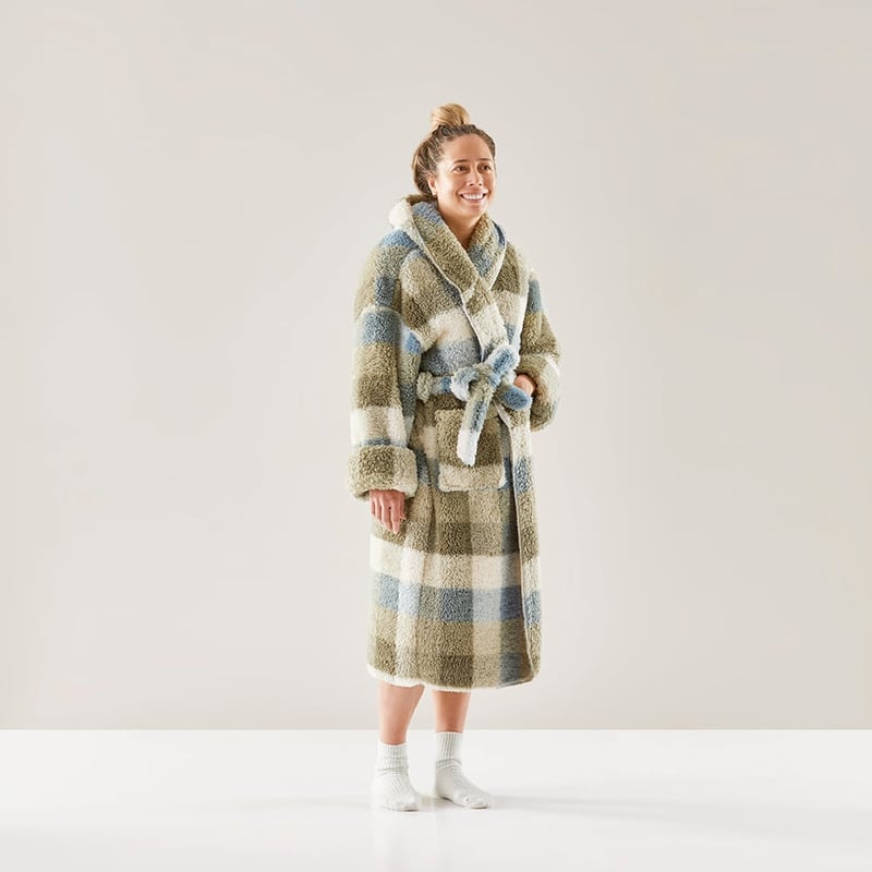 Printed Sherpa Green Check Hooded Robe 