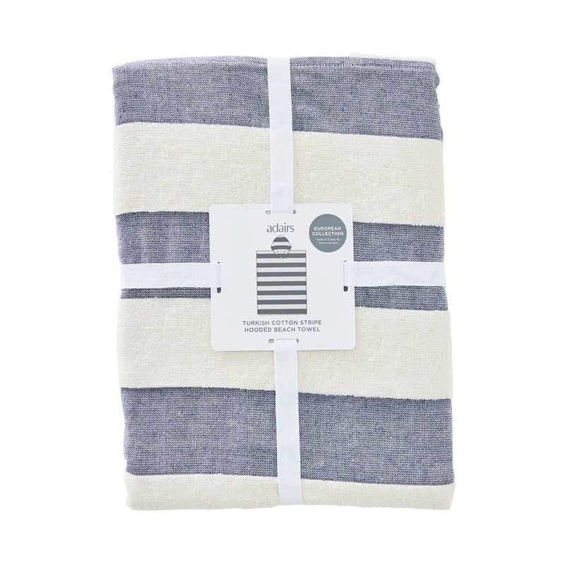 European Navy & Natural Stripe Turkish Cotton Hooded Beach Towel