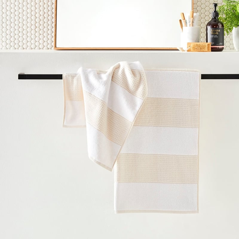 Waffle White & Natural Stripe Towel Range