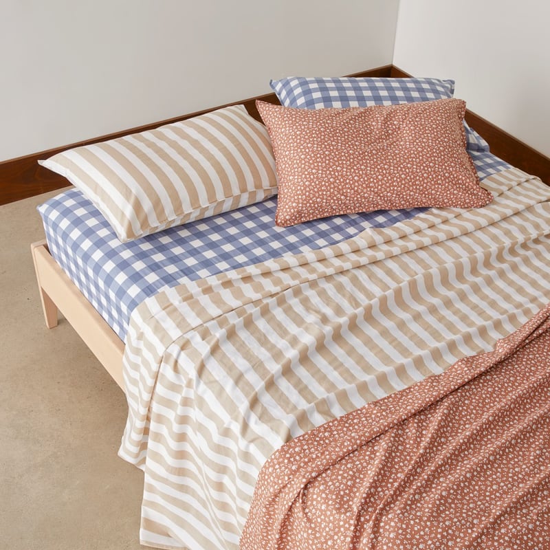 Printed Blue Gingham Cotton Washed Sheet Set