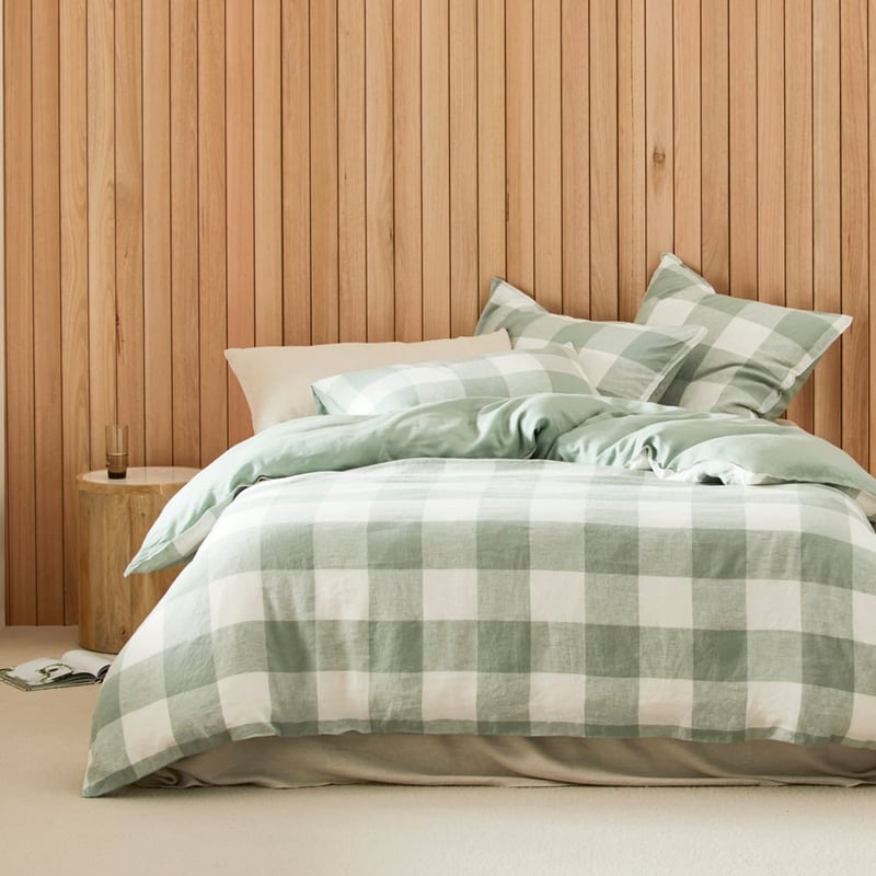 Vintage Washed Linen Large Eucalyptus Check Pillowcases