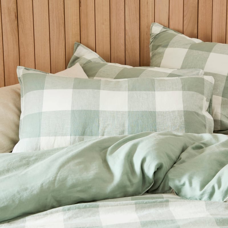 Vintage Washed Linen Large Eucalyptus Check Pillowcases