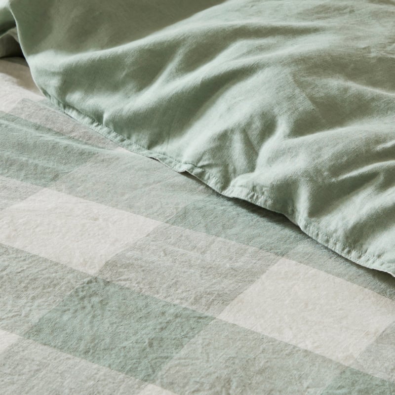 Vintage Washed Linen Large Eucalyptus Check Pillowcases