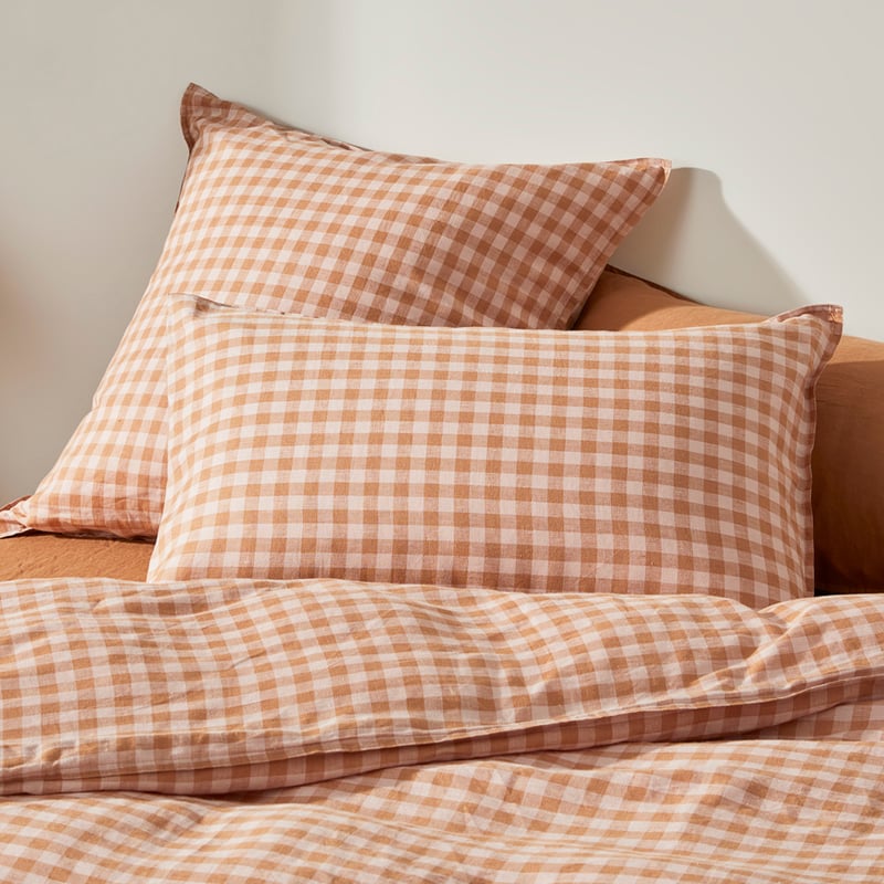 Vintage Washed Linen Caramel & Pink Check Quilt Cover + Separates