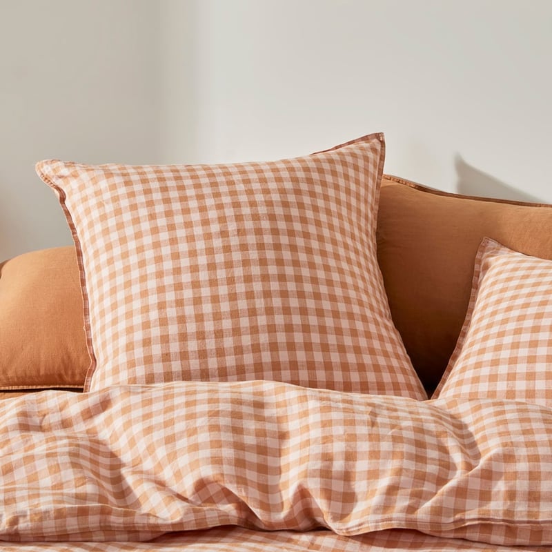 Vintage Washed Linen Caramel & Pink Check Quilt Cover + Separates