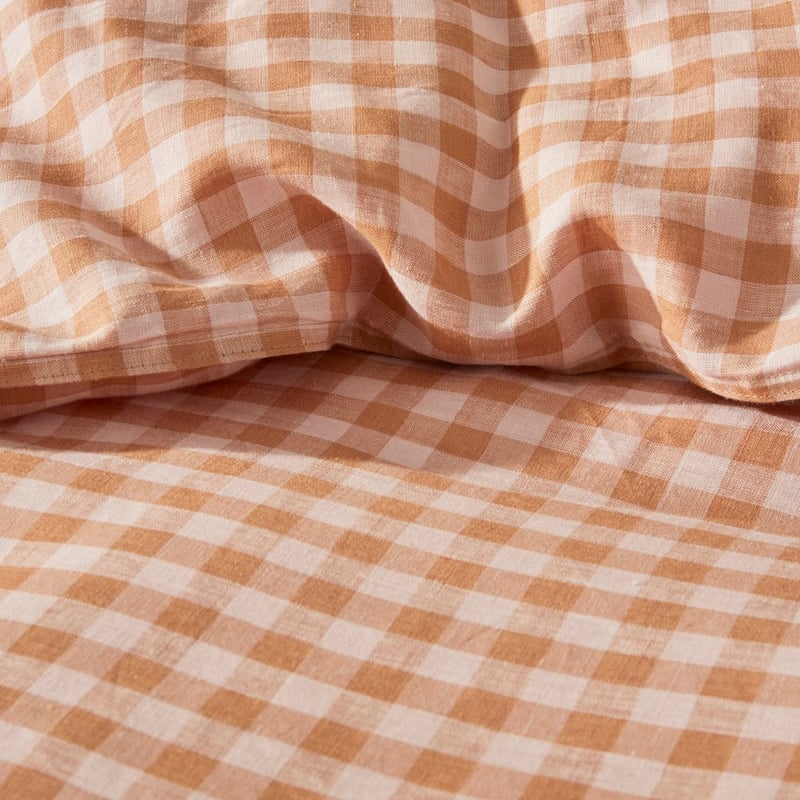 Vintage Washed Linen Caramel & Pink Check Quilt Cover + Separates