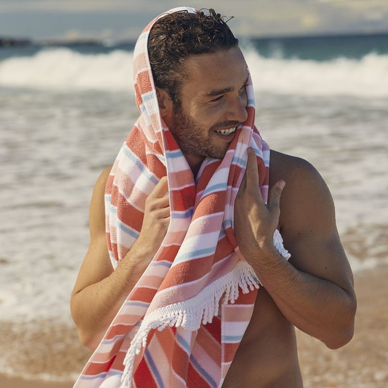 Velour Ocean Stripe Red Beach Towel