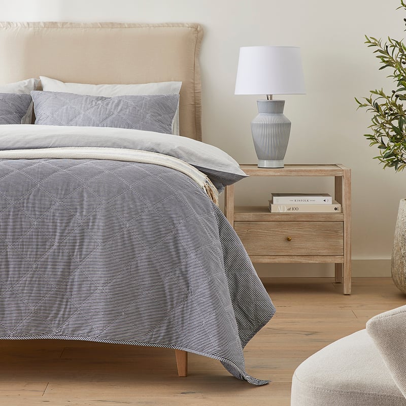 Stonewashed Cotton Printed Navy Stripe Quilted Coverlet Separates