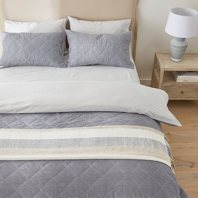 Stonewashed Cotton Printed Navy Stripe Quilted Coverlet Separates