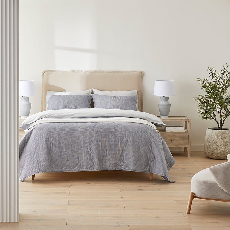 Stonewashed Cotton Printed Navy Stripe Quilted Coverlet Separates