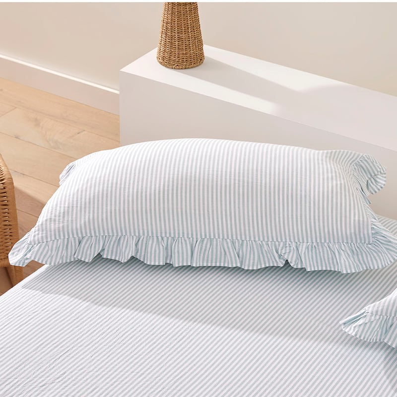 Ruffle Mint Blue Stripe Sheet Set