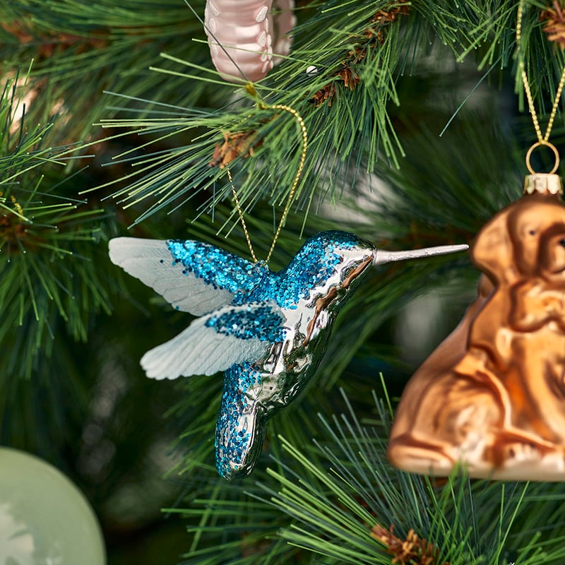 Luxe Hummingbird Blue Antiqued Glass Decoration
