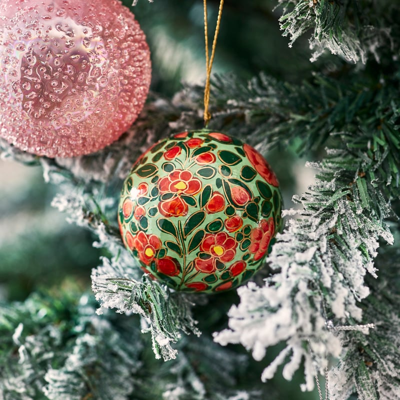 Luxe Green & Red Artisanal Papier Mache Bauble