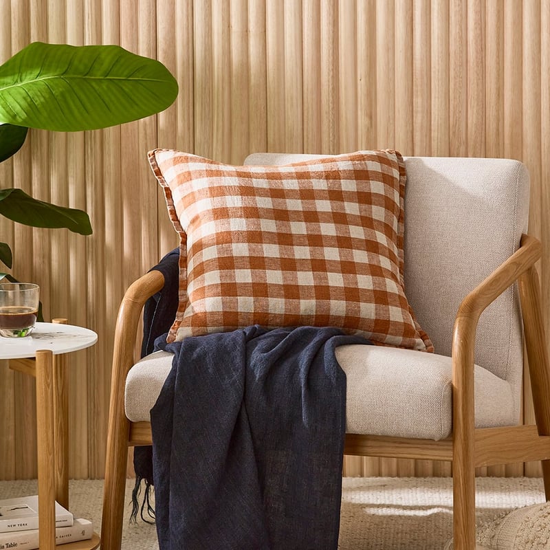 Belgian Brown Sugar & Linen Check Vintage Washed Linen Cushion