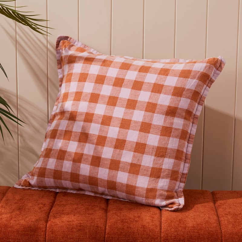 Belgian Check Vintage Washed Linen Lilac & Ginger Check Cushion