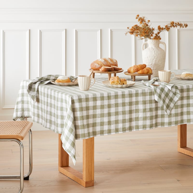 Belgian Forest & White Check Vintage Washed Linen Tablecloth