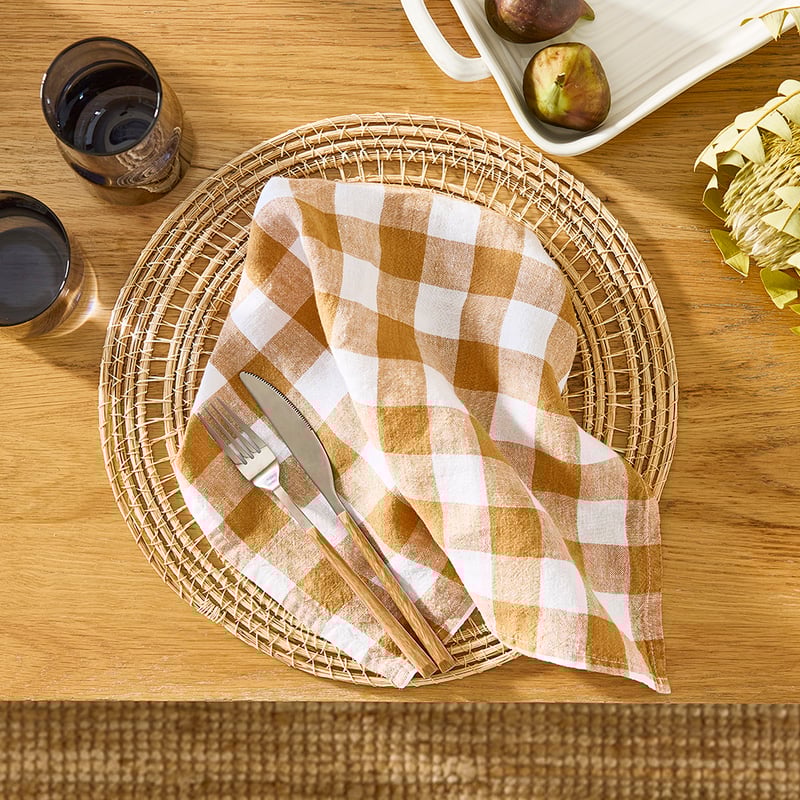 Belgian Vintage Washed Linen Tobacco & White Check Napkins Pack of 2