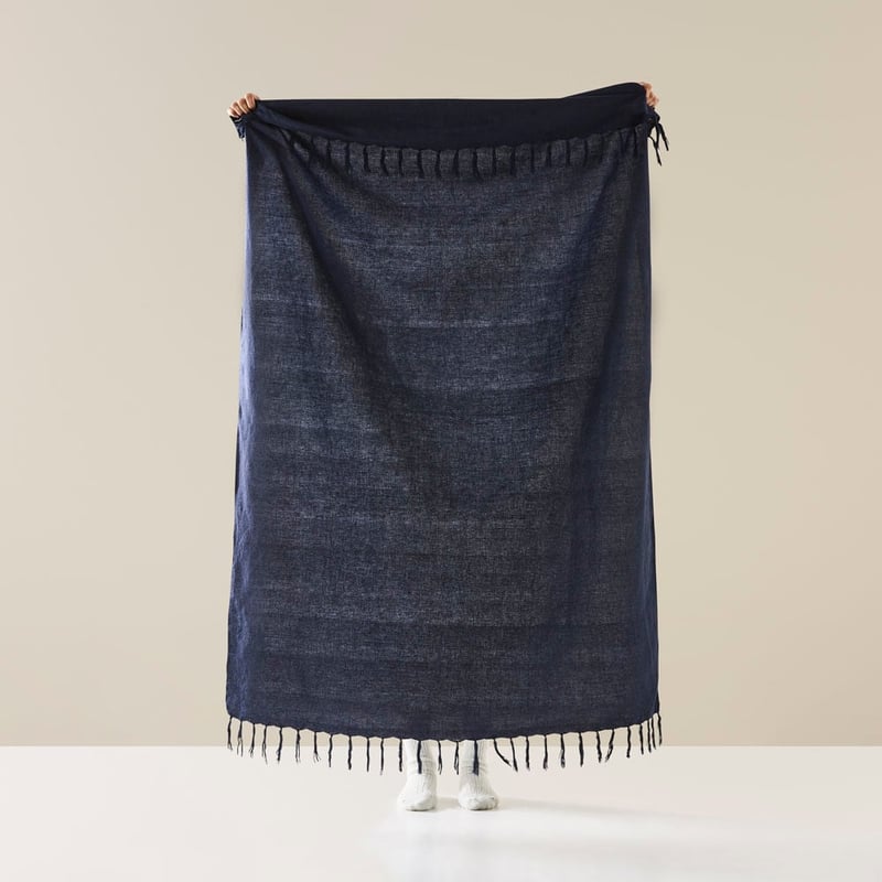 Iris Navy Linen Cotton Throw