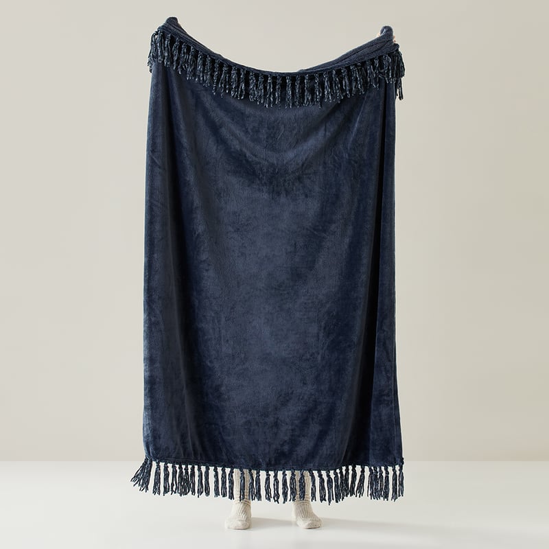 Aspen Navy Fleece Tassel Throw