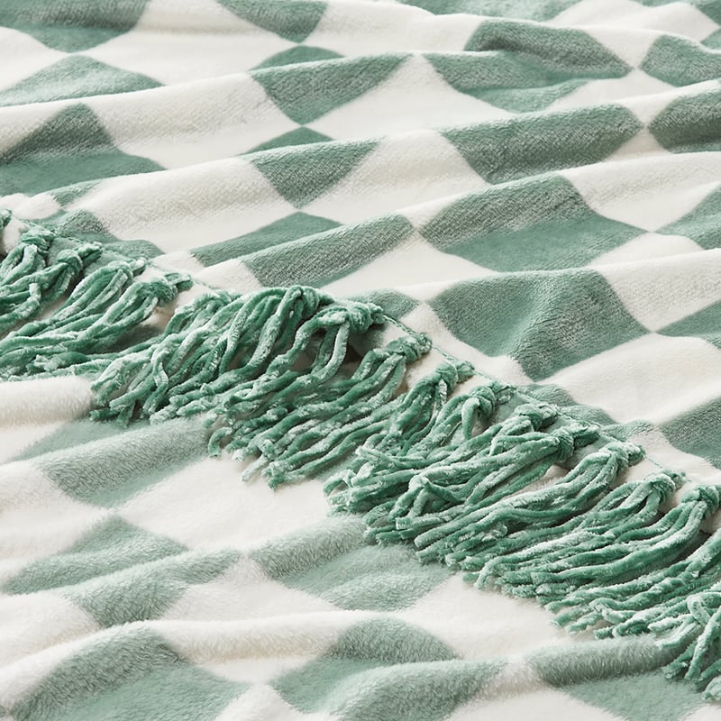 Aspen Sage & Natural Check Fleece Tassel Throw
