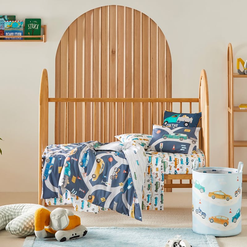 On the Road Steel Blue Cot Quilt Cover Set