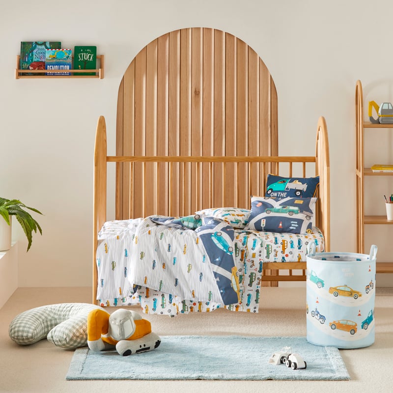 On the Road Steel Blue Cot Quilt Cover Set
