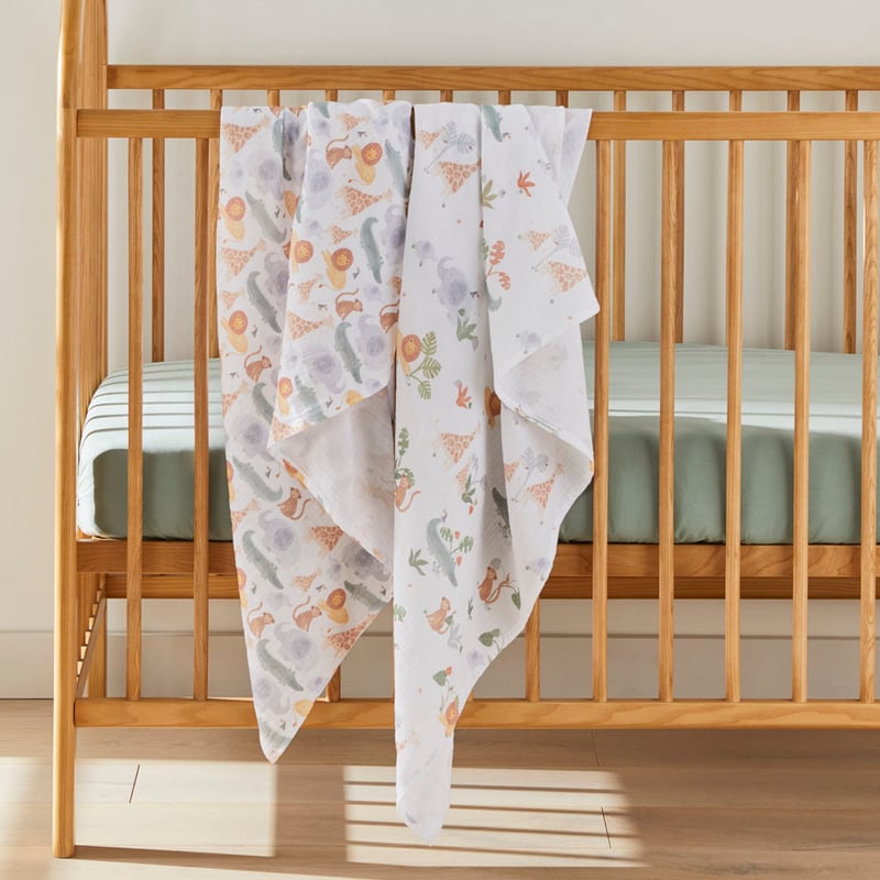 Jungle Juniors White Cotton Muslin Baby Swaddles 2pk