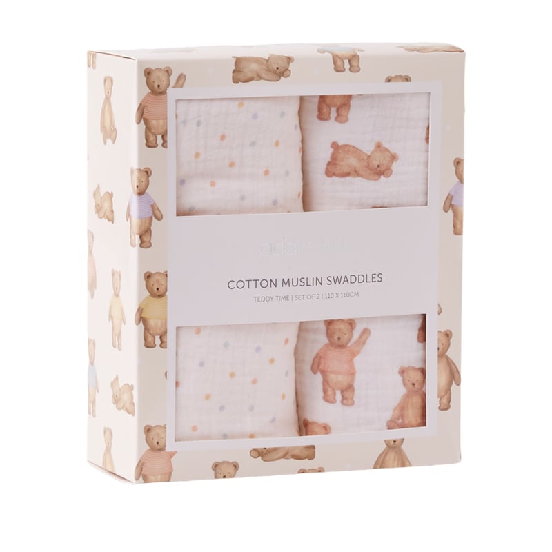 Teddy Time Natural Cotton Muslin Baby Swaddles Pack of 2