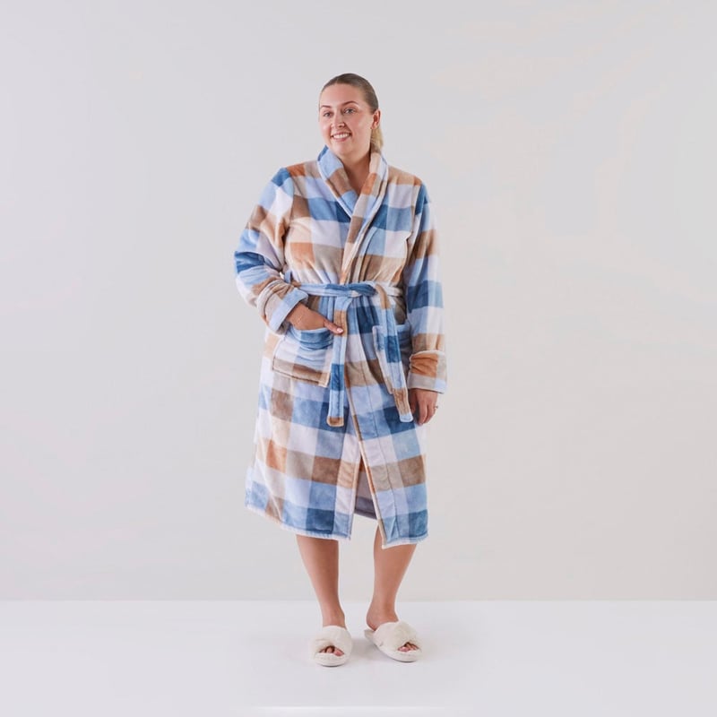 Printed Ultra Soft Bailey Natural & Blue Check Robe