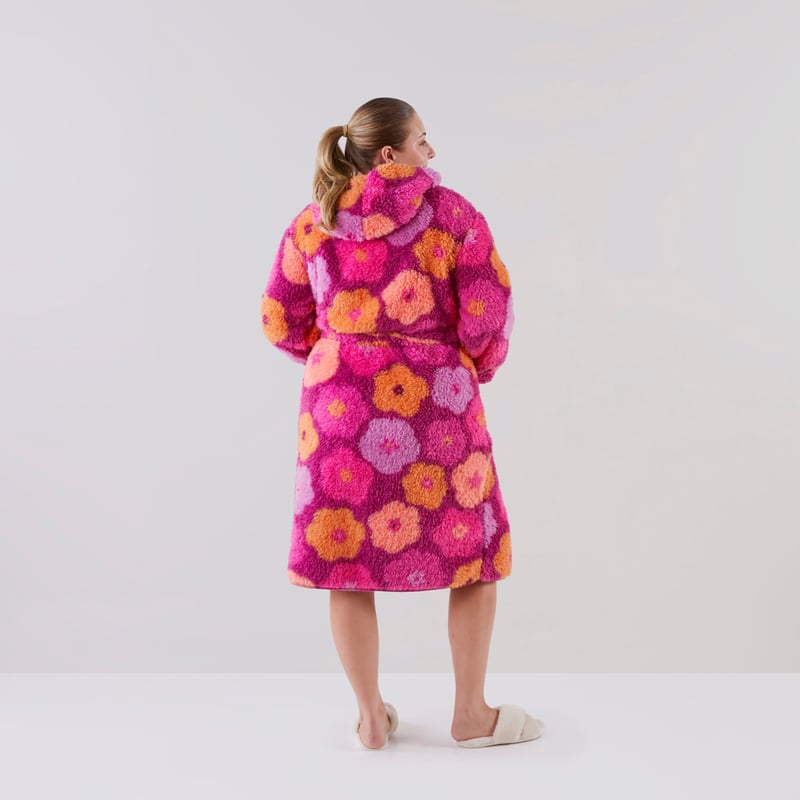 Sherpa Printed Berry Floral Hooded Bathrobe