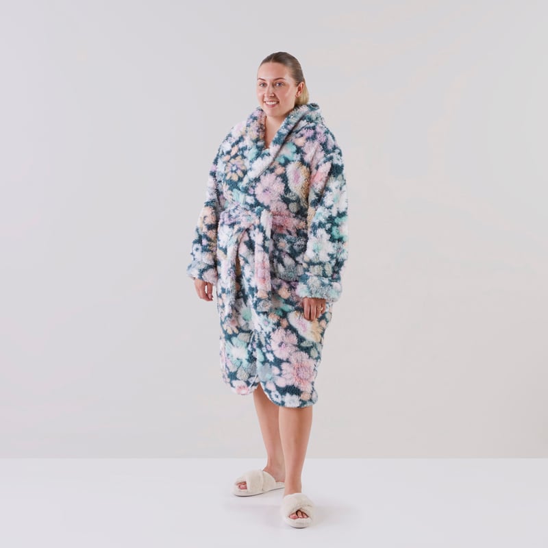 Sherpa Printed Libertine Floral Green Hooded Bathrobe