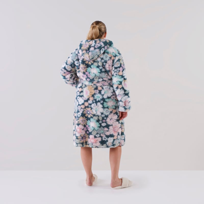 Sherpa Printed Libertine Floral Green Hooded Bathrobe