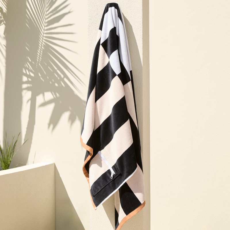 Luxe Black Multi Stripe Velour Pocket Beach Towel